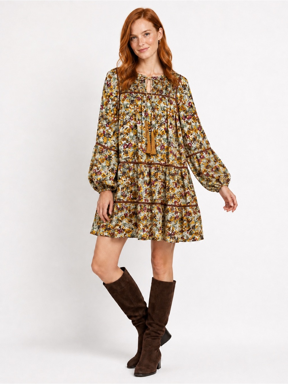 Kourt Kourtney Autumn Floral Smocked Tiered Babydoll Boho Tunic Dress XS